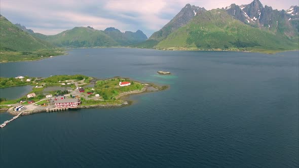 Scenic aerial view of Sildpollness church on Lofoten islands