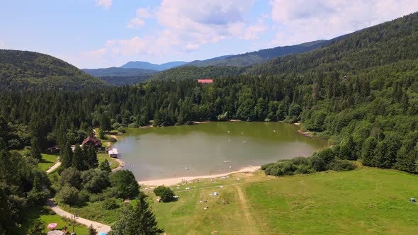 Aerial view of the Krpacovo reservoir in the village of Dolna Lehota in Slovakia