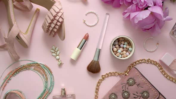 Beauty and Fashion Accessories and Gadgets. Femine Concept. Flat Lay on Pink Theme Background