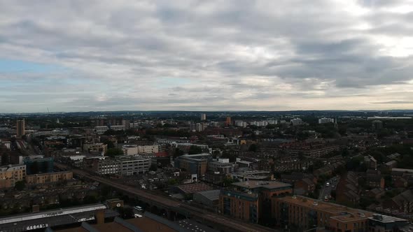 Ariel landscape view of cloudy East London skyline looking towards Bethnal Green and Cambridge Heath