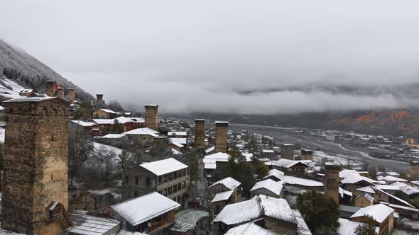 Aerial Winter Scenery of Svan Towers Covered with Snow