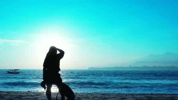 Sexy beauty model on holiday by the sea on beach on clean white sand and blue background 4K