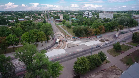 Road Construction Site with Tram Tracks Repair and Maintenance Aerial Timelapse