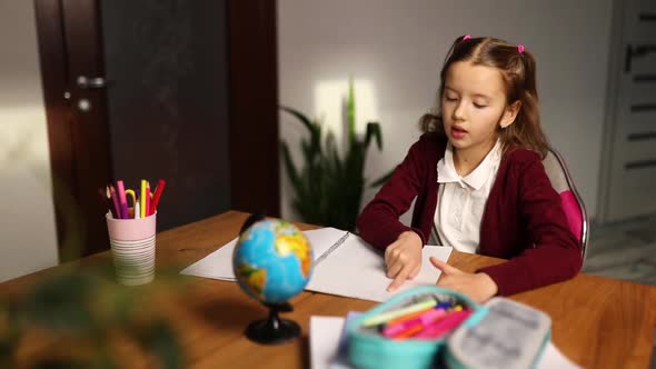 Schoolgirl sit at desk doing homework reading, homeschooling