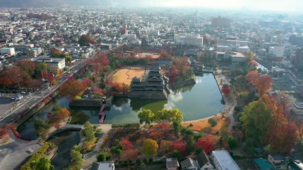 Aerial View 4k by drone of Matsumoto Castle in Matsumoto city