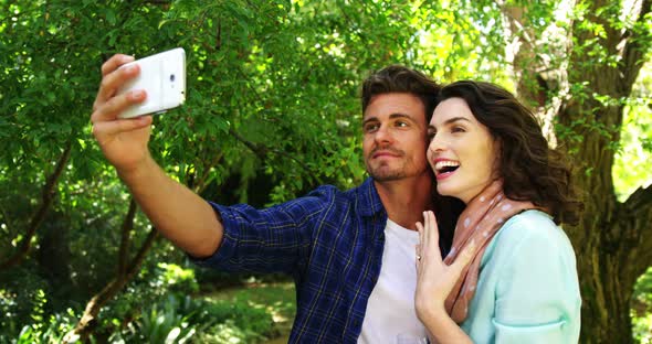 Romantic couple taking selfie from mobile phone in park