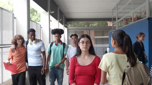 Teenage Multiethnic Students Bully a Girl in High School