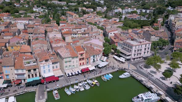 Aerial shot of Cassis old town on the Mediterranean coast in Provence, France