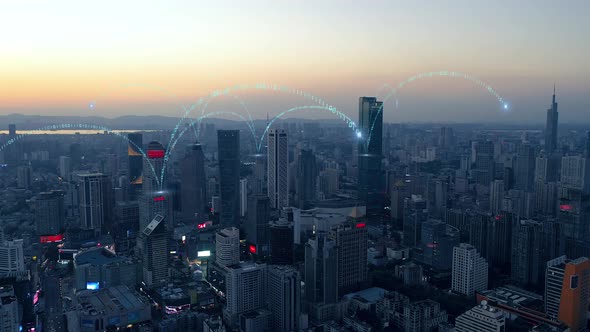 smart Connected city skyline. Futuristic network concept, city Technology.