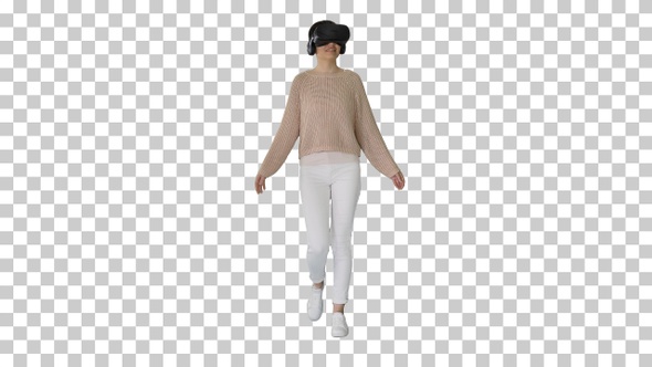 Woman using VR Virtual Reality headset walking, Alpha Channel