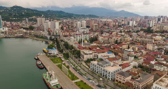 Aerial hyperlapse of beautiful Batumi coastline. Batumi port, harbor and bay