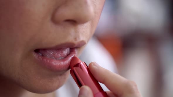 Applying Lipstick On Asian Woman Lip Close Up Slow Motion