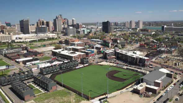 The Corner Ballpark in Detroit, Michigan drone video moving forward.