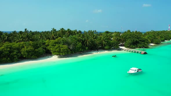 Aerial top down seascape of marine tourist beach wildlife by blue ocean and white sand background of