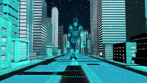 Cyberpunk Future Technology Digital Smart City Robot Walking Through The Street