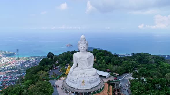 Aerial view Drone camera video of White Marble Big Buddha Statue Temple on highest mountain