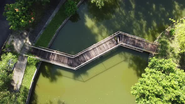 Aerial view look down wooden bridge