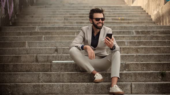 Businessman Working Outdoors. Man Video Call.Man Freelance With Smartphone Outdoors.