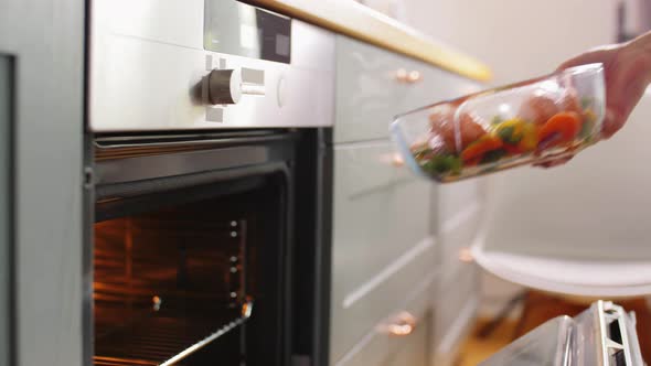 Woman Cooking Food in Oven at Home Kitchen