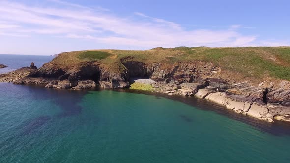 drone shot of the Pembrokeshire coastline near St Davids on a sunny day