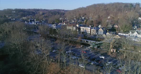 Rising Aerial of Katonah and Metro North Train Station Parking Lot