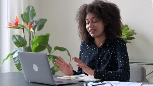 Successful Positive Young Adult Woman African Woman Freelancer Manager Ceo Sits in Office at Laptop