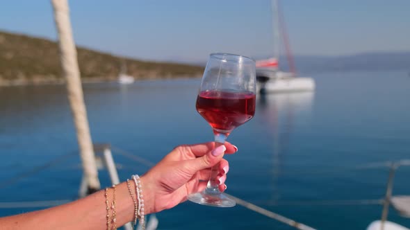 Female Hand Holding Glass of Wine on Sea Background