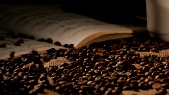 Coffee Beans and Music on Sacking, Black Background