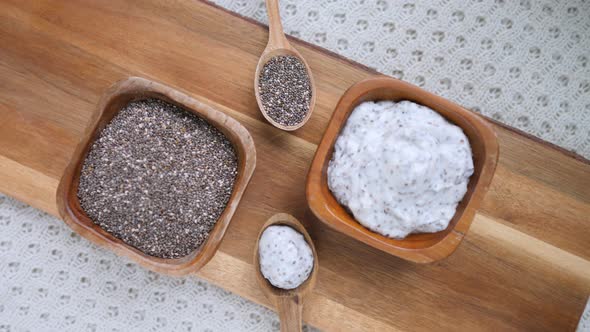 Chia Seed Pudding On Wooden Board. Top View. Superfoods Concept.