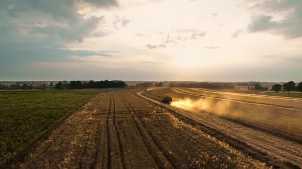 Drone view of combine harvester during seasonal work