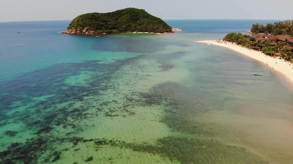 Aerial Drone View Small Koh Ma Island, Ko Phangan Thailand. Exotic Coast Panoramic Landscape, Mae