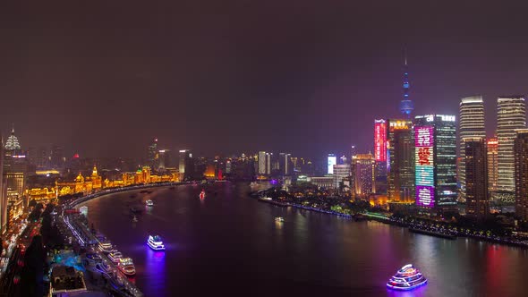 Shanghai River Urban Cityscape Aerial Skyline Panorama Timelapse at Night Zoom Out