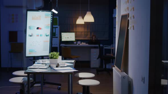 Empty Business Company Office Meeting Room with Nobody in It Having Presentation Monitor