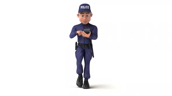 Fun 3D cartoon police man walking with a smartphone