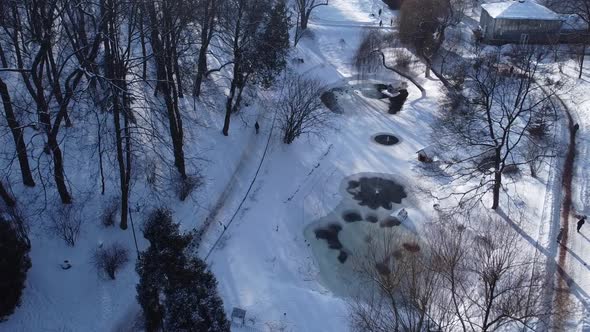 Aerial view of a drone flying over the winter park