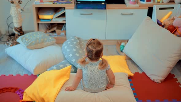 Girl Watching Television. Kid Watching Cartoon.  Child On Happy Time Cartoon.