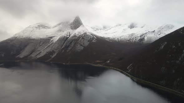 Dramatic snow landscape of striking Stetind mountain in Norway; epic drone view