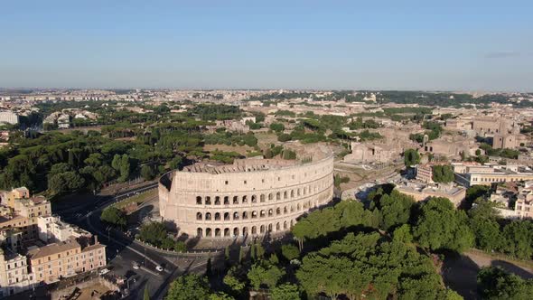 Drone view of Colosseum and Roman Forum in Rome, Italy, Europe