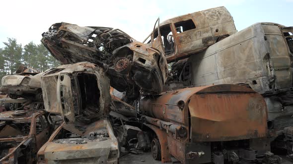 A Lot of Shot and Destroyed Civilian Cars at the Car Cemetery in Irpin Ukraine