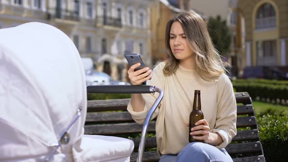 Indifferent Mom Chatting Smartphone Drinking Beer Instead Taking Care of Baby