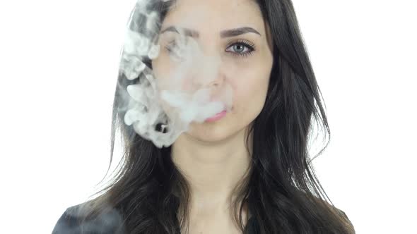 Portrait of Smoking Girl, Smoke of Cigarette, White Background