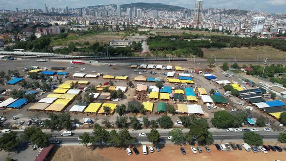 Aerial Tents and Cityscape