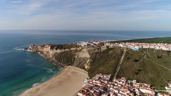 Fly Above City and Beach of Nazaré, Portugal