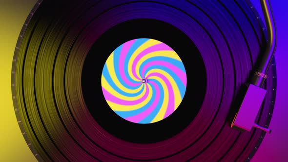 Black Vinyl Record Spinning and Play Music on Dj Turntable with Colorful Label