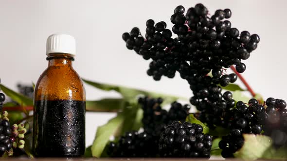 Medicinal Preparation From A Berry. Natural Black Elderberry With Squeezed Juice In A Jar,Homeopathy