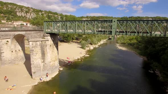 Aerial travel drone view of Balazuc, Southern France.