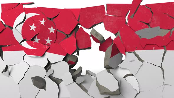 Breaking Wall with Painted Flag of Singapore