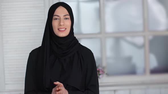 Portrait Smiling Muslim Woman Blogger Influencer Talking Recording Video