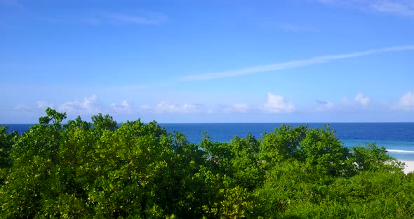 Wide angle birds eye copy space shot of a sandy white paradise beach and blue water background in co