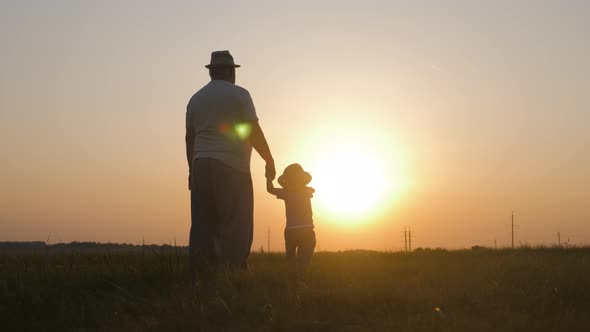 Two Generations Silhouette of a Mature Grandfather and Little Grandson Play at Sunset.